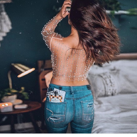 Mesh Pearl blouse top shirt sexy sheer transparent womens long sleeve - Picture 4 of 7